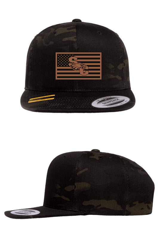 SCA SnapBack Flat Bill Hat w/ American Flag Faux Leather Patch